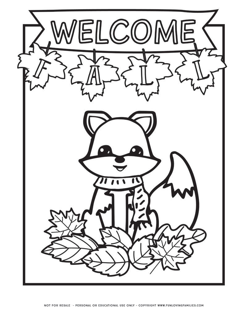 Cute fall coloring page with fox and Welcome Fall sign