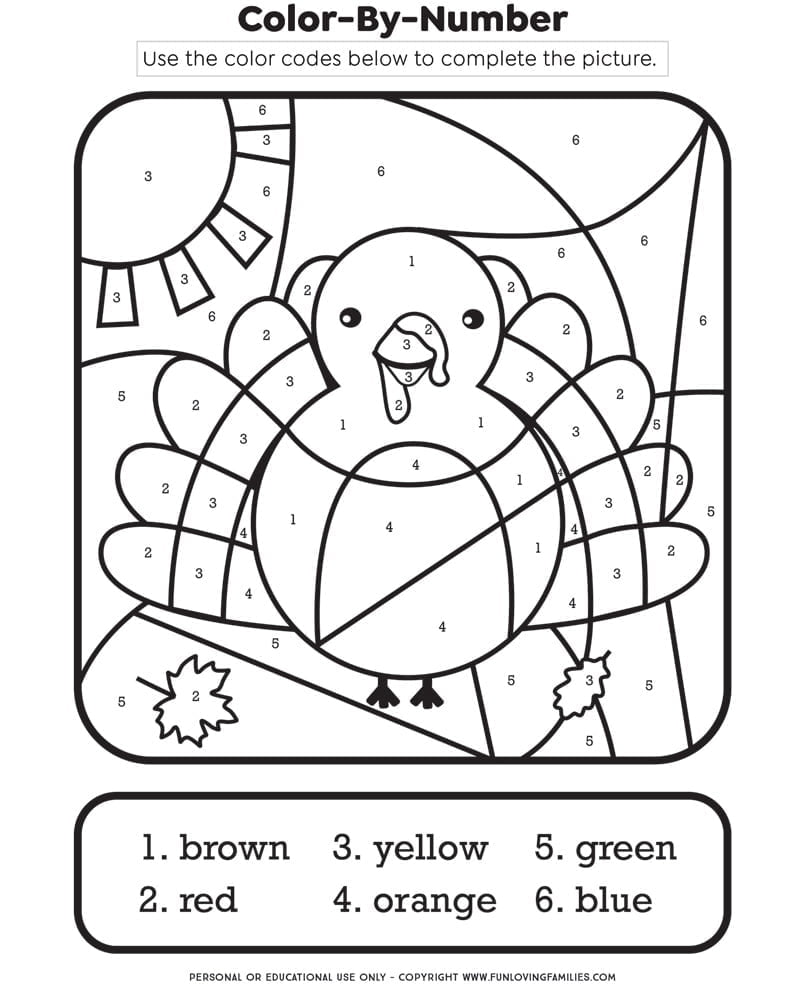 thanksgiving color by number turkey page