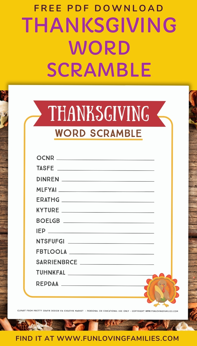 Thanksgiving Word Scramble Printable Activity for Kids Fun Loving