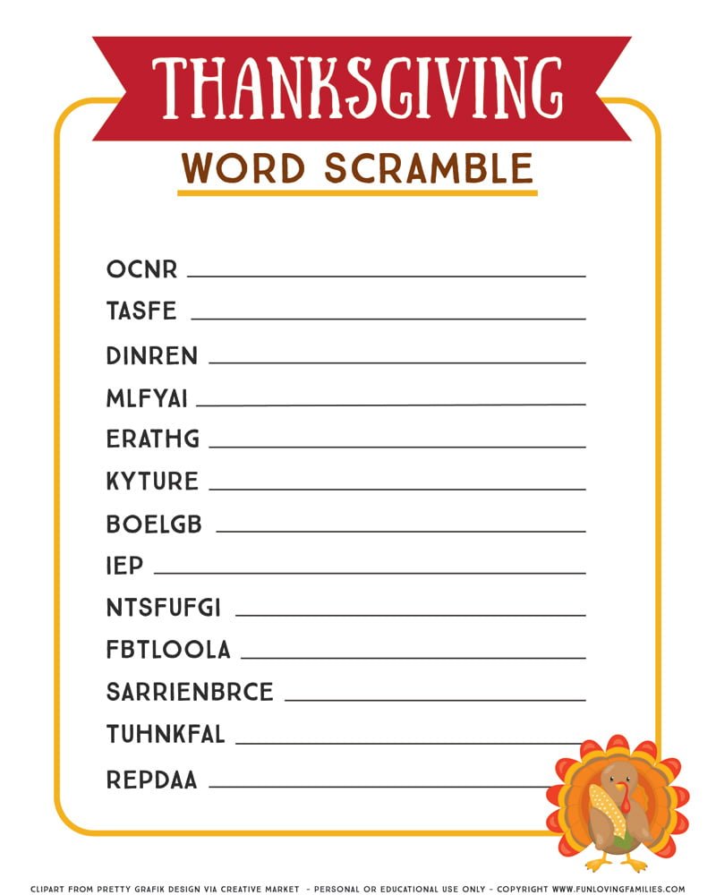 Free Printable Thanksgiving Word Scramble With Answers For Adults