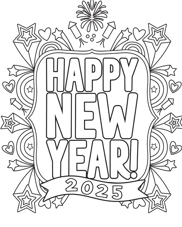 printable Happy New Year 2025 Coloring page with doodles for kids or adults