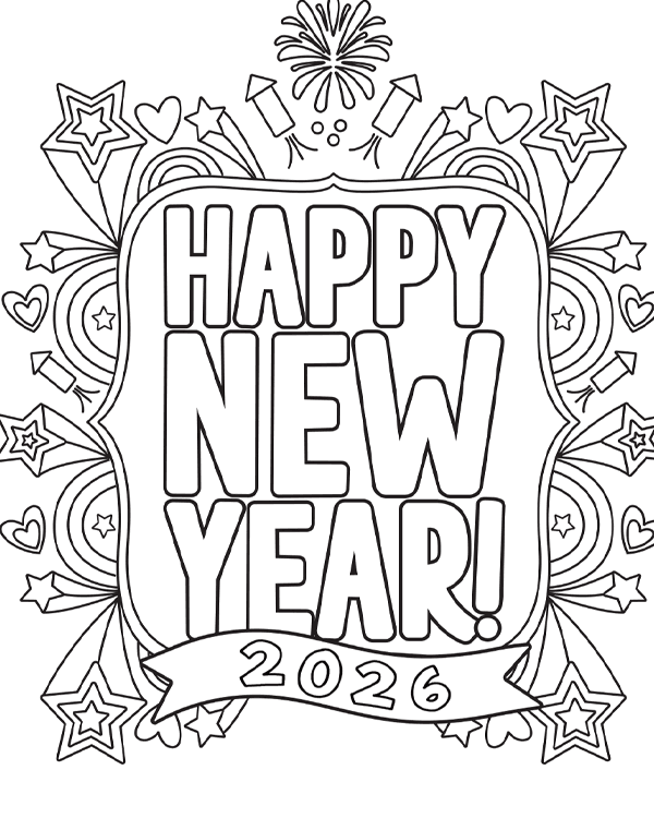 printable Happy New Year 2026 Coloring page with doodles for kids or adults