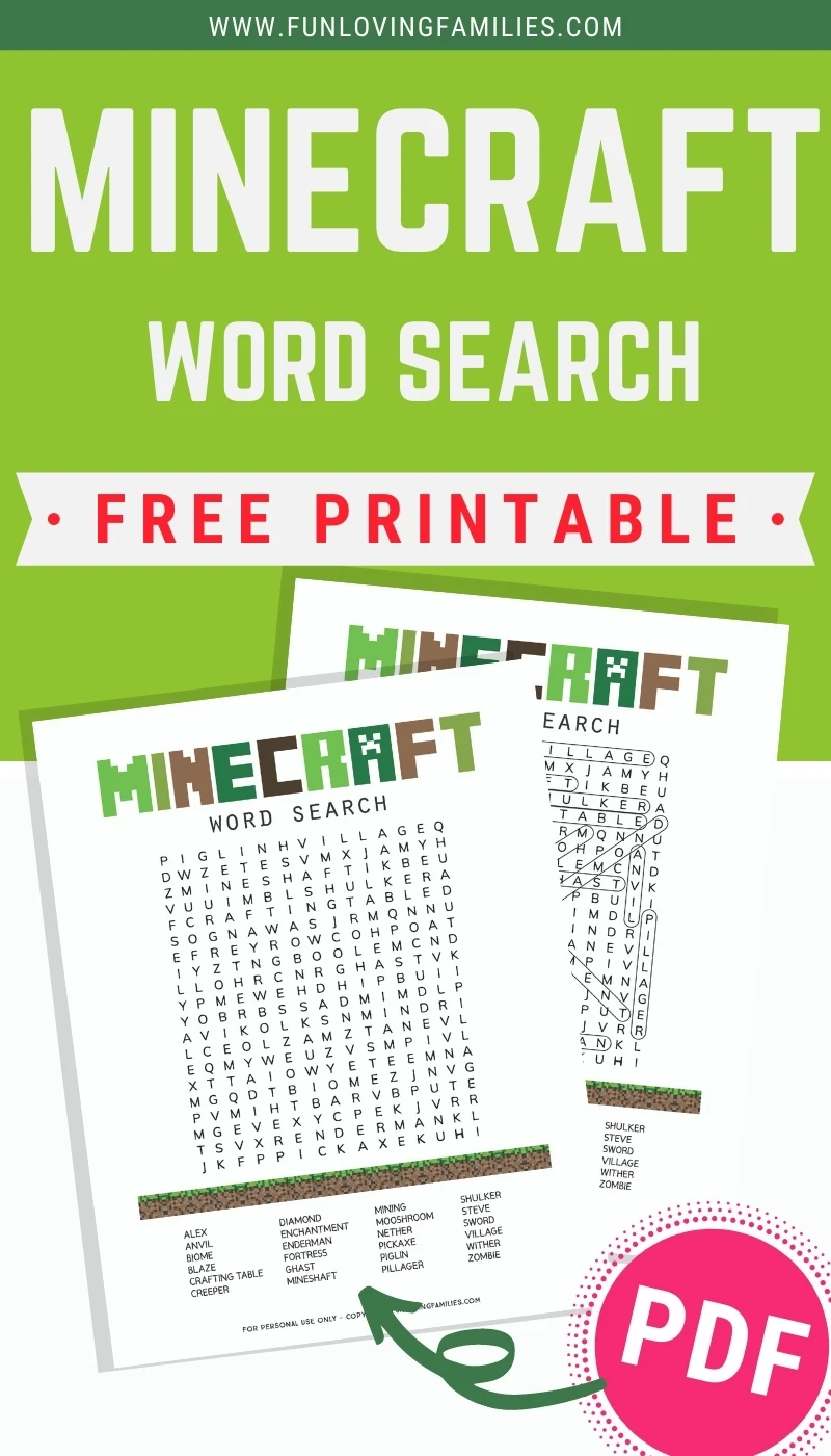 Minecraft word search with printable answer sheet 