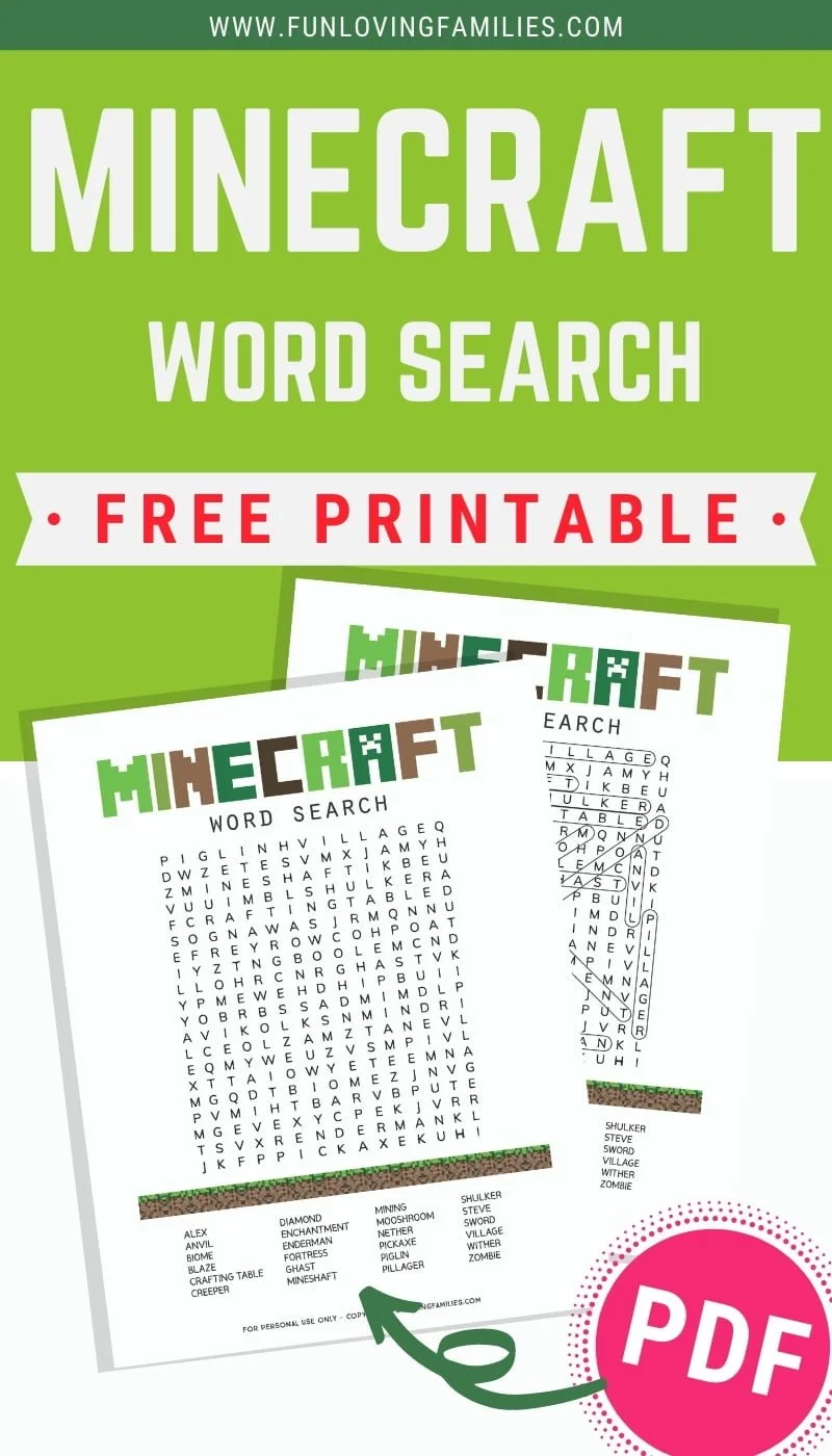 Minecraft word search with printable answer sheet