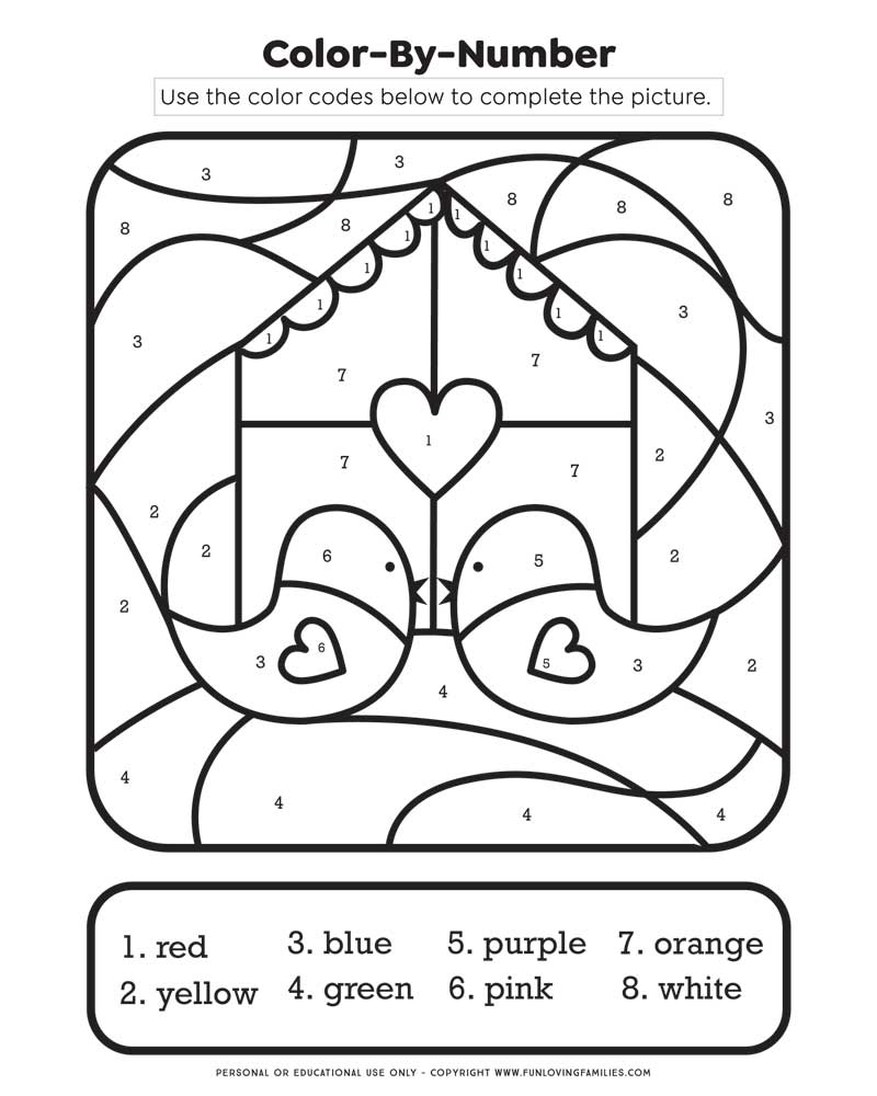 valentines day color-by-number printable with hearts and lovebirds