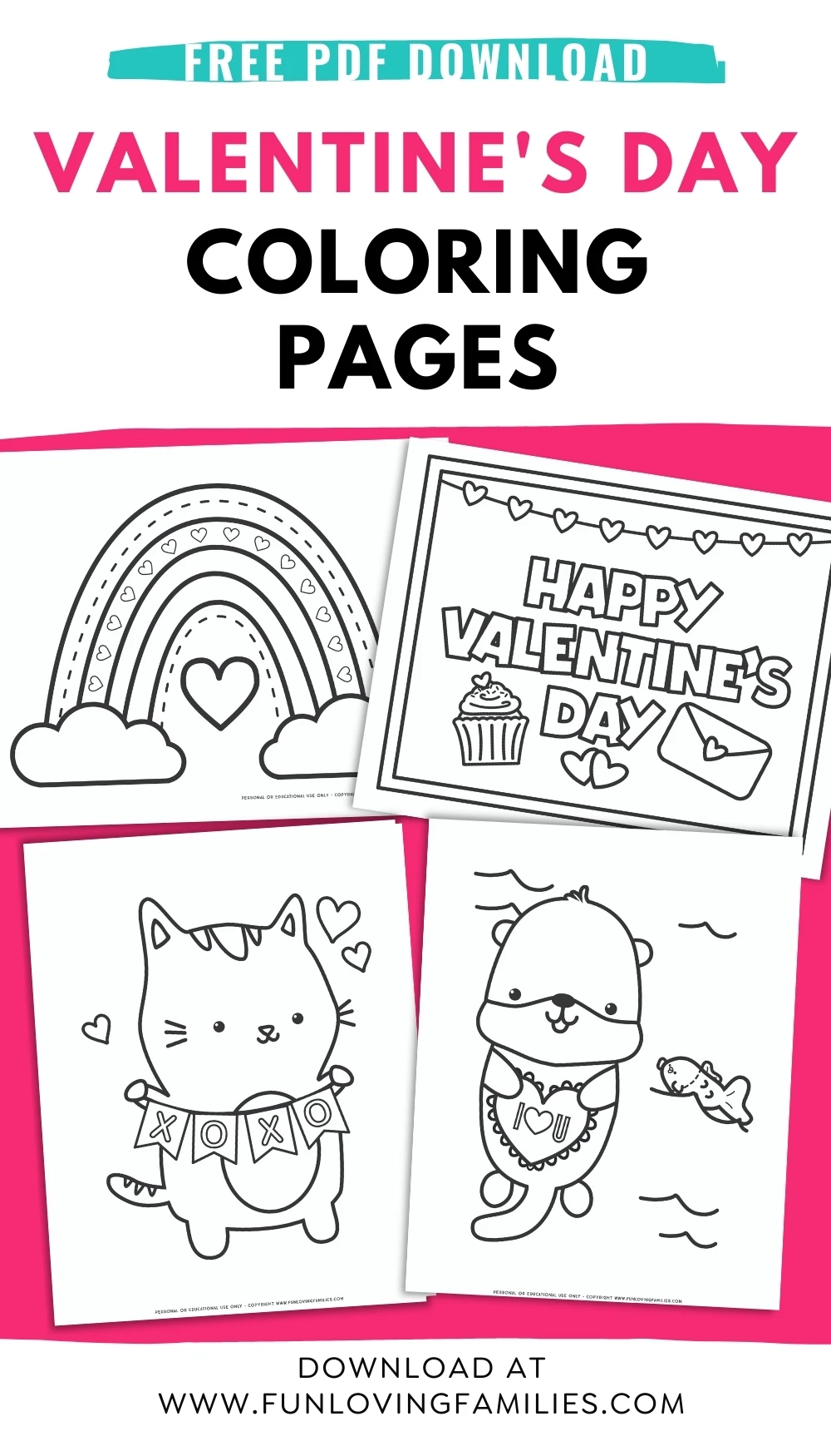 four Valentine's Day coloring pages for kids