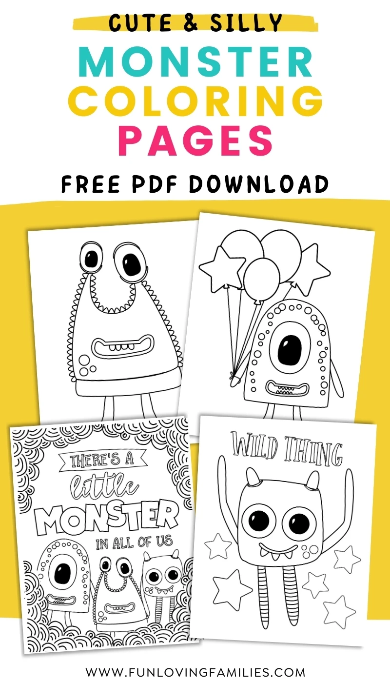 set of four monster coloring pages for kids