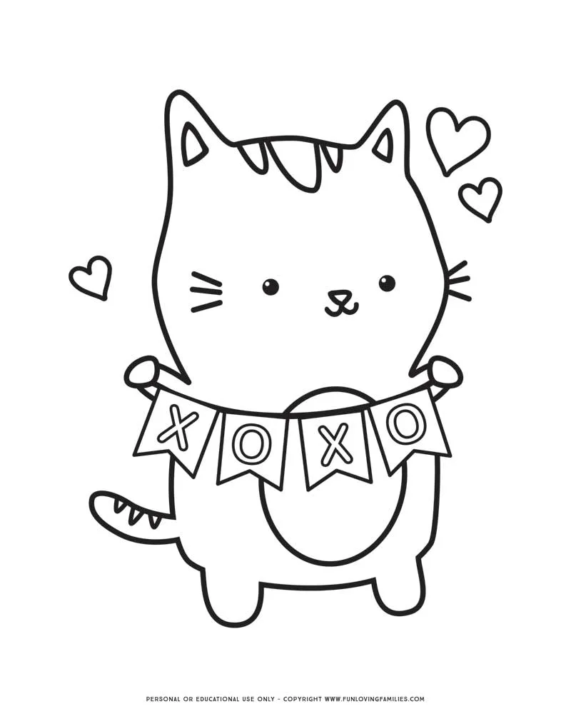 Valentines day coloring page with cute kitty holding XOXO sign