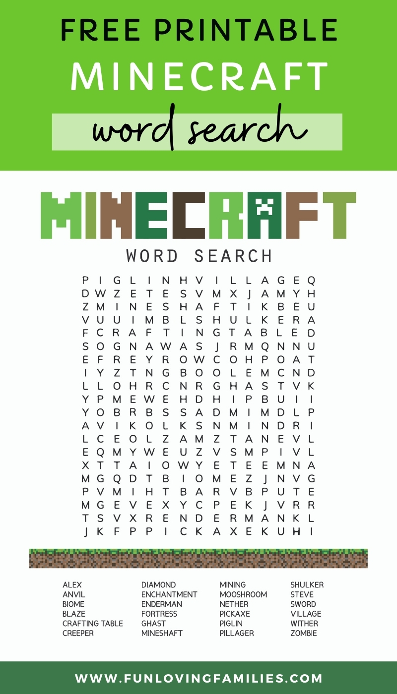 free printable Minecraft word search activity sheet