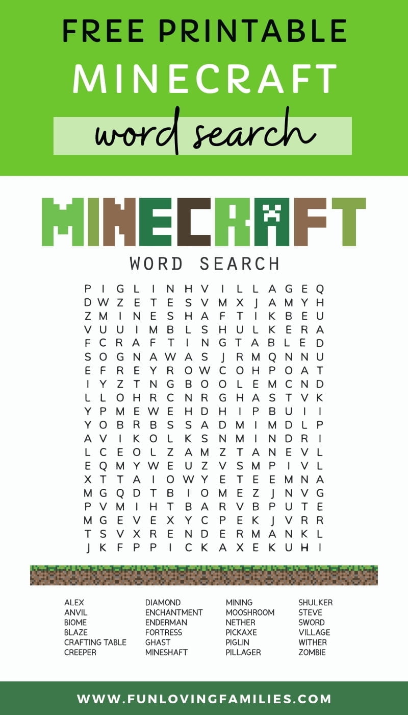 free printable Minecraft word search activity sheet