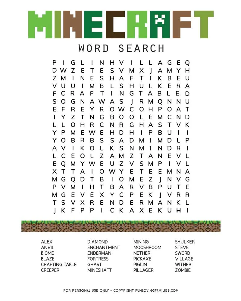 Minecraft word search PDF for kids