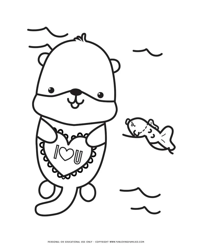 Valentine's Day coloring page with baby otter