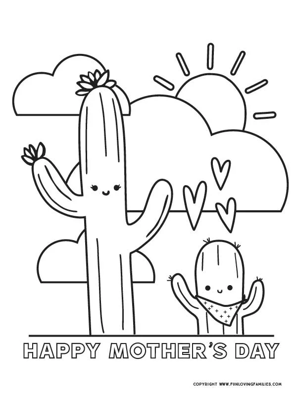 happy mother's day coloring page for boys with cute cactus