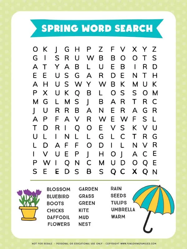 spring word search sheet with green border and simple spring illustrations