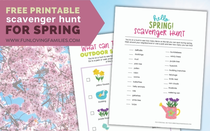 spring tree background image with scavenger hunt sheets shown in front