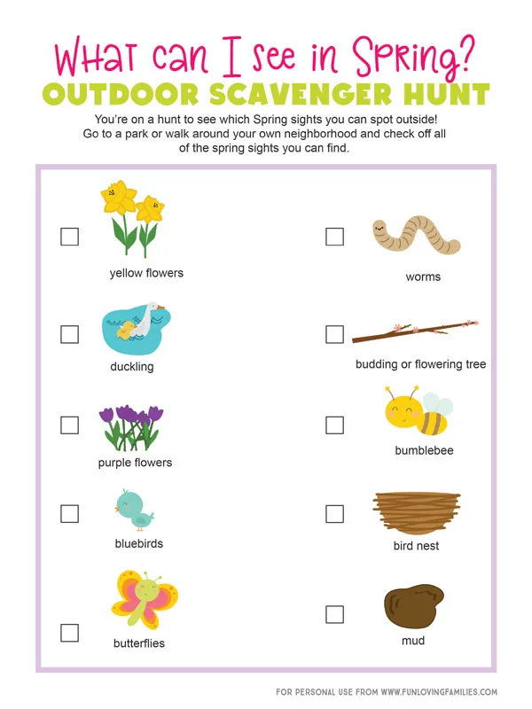 spring scavenger hunt list with simple illustrations