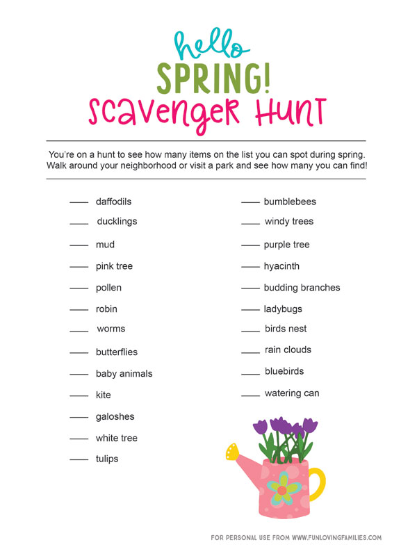 spring scavenger hunt list of items to find