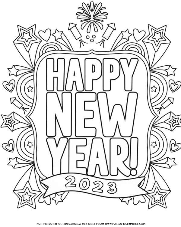printable Happy New Year 2023 Coloring page with doodles for kids or adults
