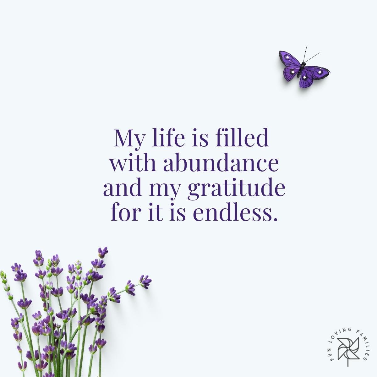 My life is filled with abundance and my gratitude for it is endless affirmation
