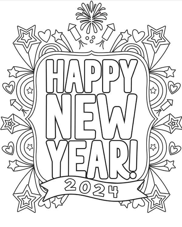 printable Happy New Year 2024 Coloring page with doodles for kids or adults