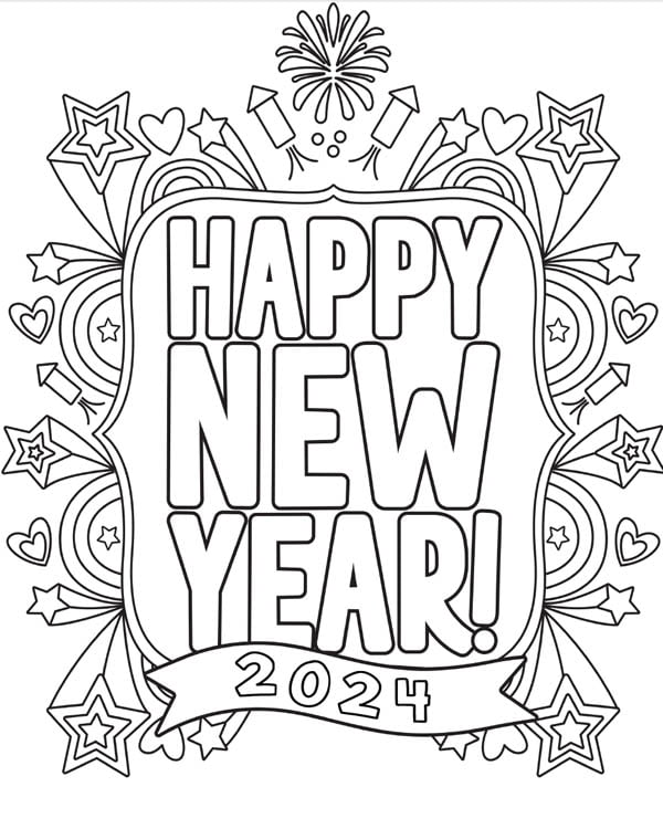 Happy New Year 2024 Coloring Page for Kids