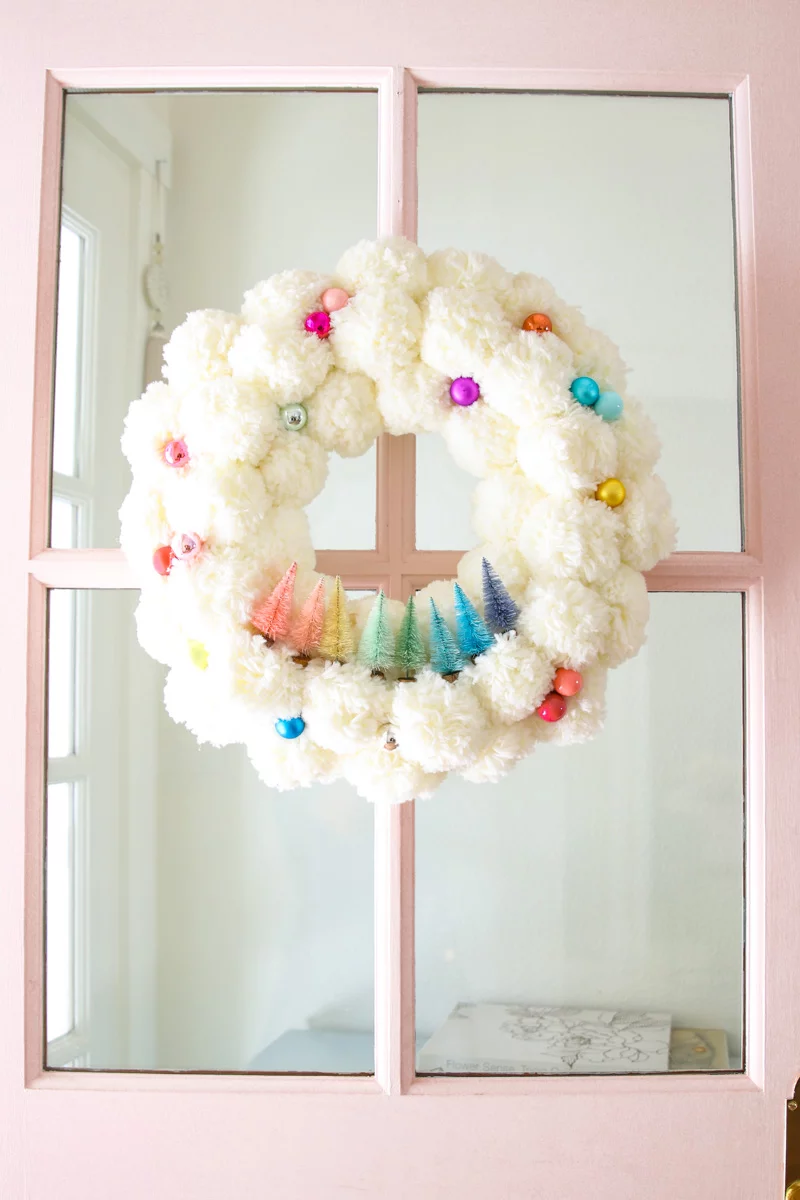 Bottle Brush Tree Christmas Wreath with Pom Poms