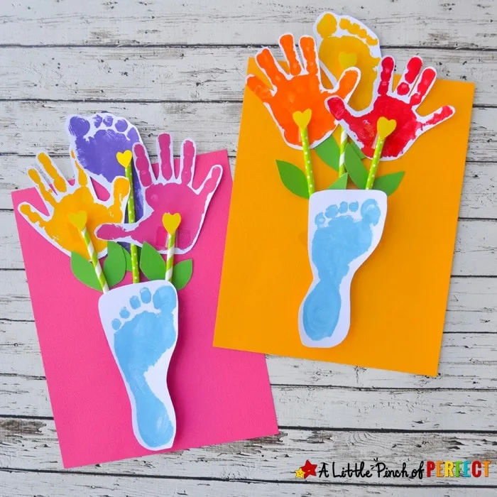 Footprint And Handprint Bouquet Of Flowers With Vase