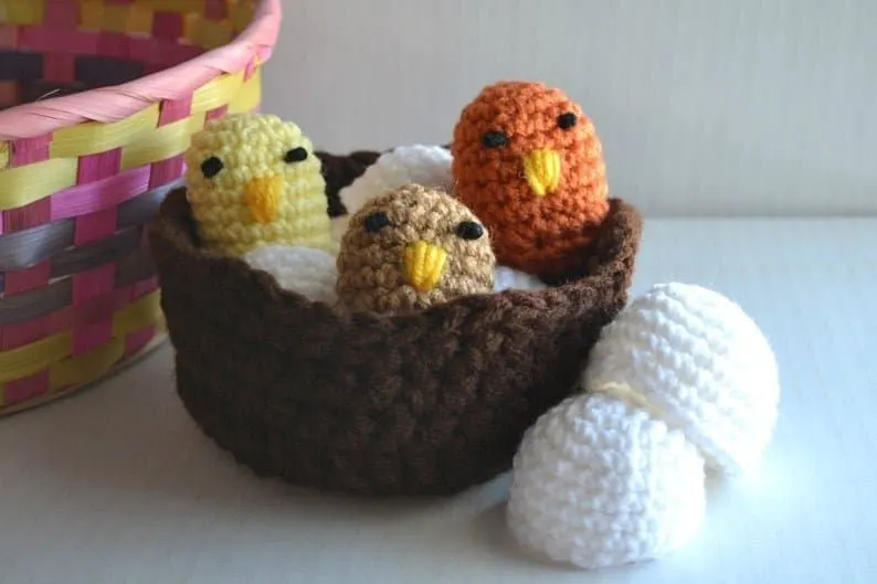 Crocheted baby bird nest toy from Etsy