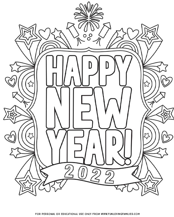 printable Happy New Year 2022 Coloring page with doodles for kids or adults