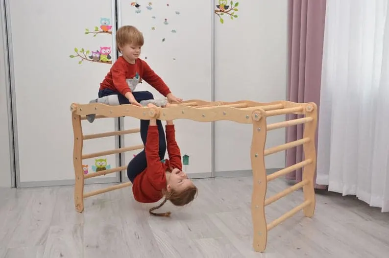 Wooden monkey bars as an indoor climbing toy for toddlers